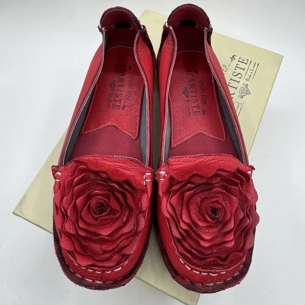 L' Artiste Spring Step Dezi Red Rose Loafers Sz 38 EU 8 US Leather Slip on Shoes